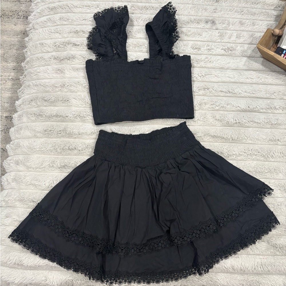 Pink Lily Black Skater Skirt with Lace Detail